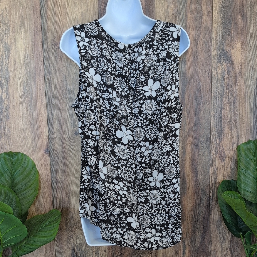 Sonoma Black and White Floral V Neck Tank Top Blouse L W211 - Picture 4 of 6